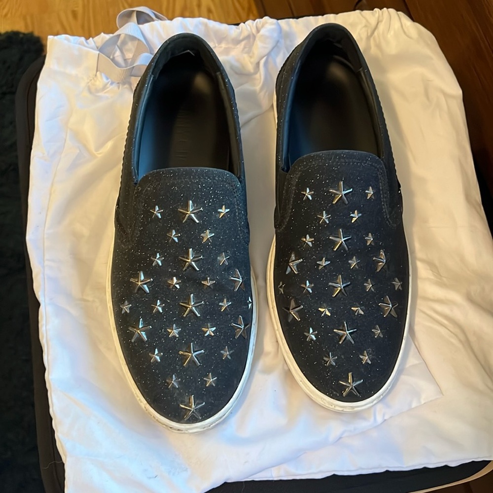 Jimmy Choo, men’s size 8.5 studded slip on sneakers with matte sparkle finish.
